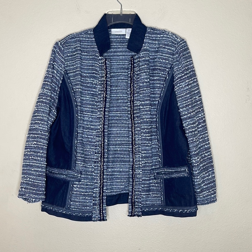 Chico's Blue Tweed And Denim Silver Threads And Beads Jacket Size 2 / 12